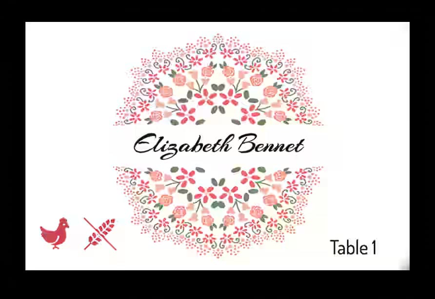 Custom floral place card design with bird and cutlery icons indicating meal choice for a sophisticated event setting.